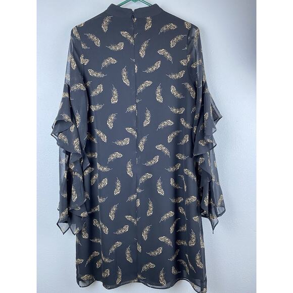 Sam Edelman Sz 10 Blk Chiffon Keyhole Lined Sheath Feather Ptn Sheer Slv Dress - Picture 12 of 14